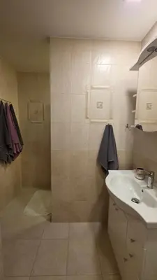 a bathroom with a sink and a shower at Vytauto Apartments in Šiauliai