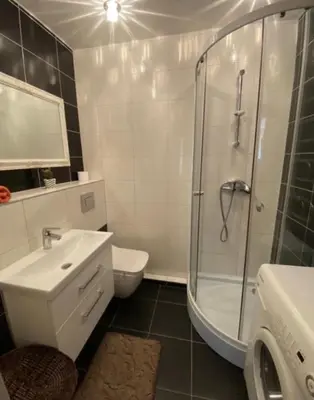 a bathroom with a shower and a sink and a toilet at Victoria Central Apartamentai in Druskininkai