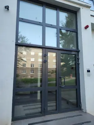 a large glass door on a building at SimpleStayVilnius in Vilnius