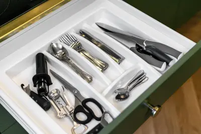 a drawer filled with utensils in a kitchen at Superior 2 Bedroom 2 Bathroom Apartment by Reside Baltic in Vilnius