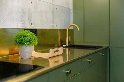 a kitchen with a sink and a potted plant on a counter at Superior 2 Bedroom 2 Bathroom Apartment by Reside Baltic in Vilnius