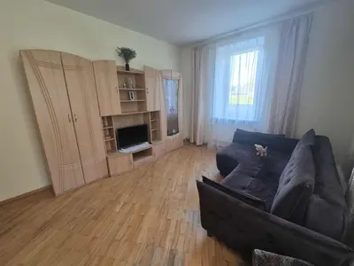a living room with a black couch and a tv at Entrara in VNO