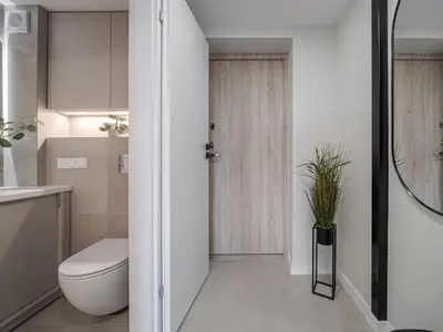 a bathroom with a toilet and a sink and a mirror at Loft 10 in Vilnius