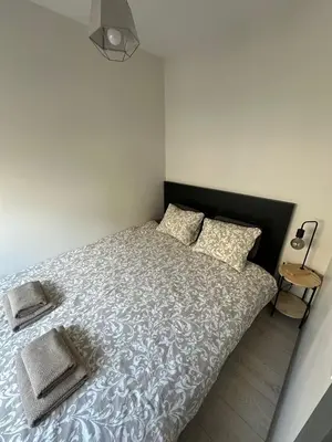 a bedroom with a bed with a gray comforter and pillows at Little cocoon at border of old city in Vilnius
