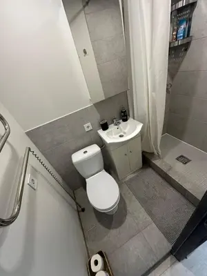 a small bathroom with a toilet and a sink at Little cocoon at border of old city in Vilnius