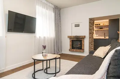 a living room with a couch and a fireplace at Cozy flat in Vilnius Old Town in Vilnius