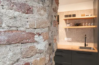 a brick wall in a kitchen with a sink at Cozy flat in Vilnius Old Town in Vilnius