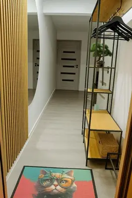 a hallway with a cat rug on the floor at Feliz Stay in Šiauliai