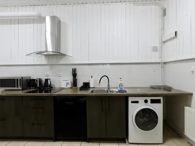 a kitchen with a washing machine and a sink at Kauno Marių Vilos in Samylai