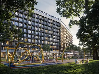 a rendering of a playground in front of a building at Sky Pool Escape Luxury Apartment in Druskininkai Center in Druskininkai