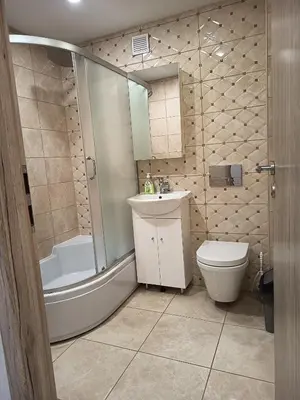 a bathroom with a sink and a toilet and a shower at Vieno kambario butas Šiauliuose in Šiauliai