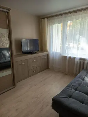 a living room with a couch and a flat screen tv at Vieno kambario butas Šiauliuose in Šiauliai