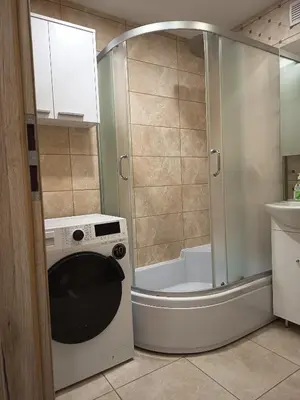 a washing machine in a bathroom with a shower at Vieno kambario butas Šiauliuose in Šiauliai