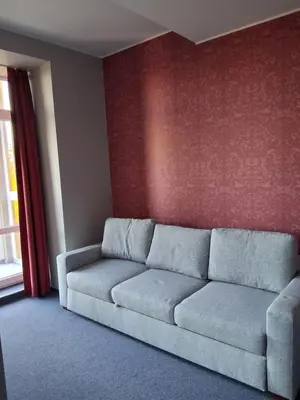 a living room with a couch and a red wall at Šiluvos Svaja in Šiluva