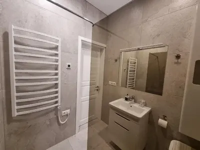a bathroom with a sink and a shower with a mirror at Vandens takas in Birštonas