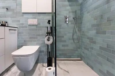 a bathroom with a toilet and a shower at Central Stay Apartments in Šiauliai