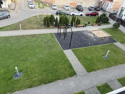 an aerial view of a park with a sculpture in the grass at Lovely Flat with Great Central Location Kaunas in Kaunas