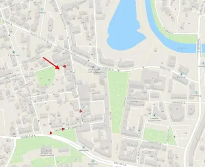 a map of a city with a red arrow at A cozy apartment with private entrance in the city centre in Panevėžys