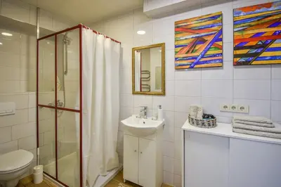 a bathroom with a shower toilet and a sink at A cozy apartment with private entrance in the city centre in Panevėžys