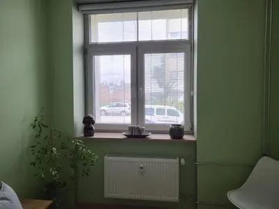a window with a radiator in a green room at Siauliai Apartments - Traku in Šiauliai