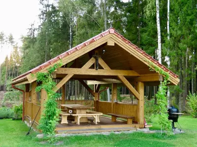 a wooden pavilion with a picnic table and a grill at Lake terrace
