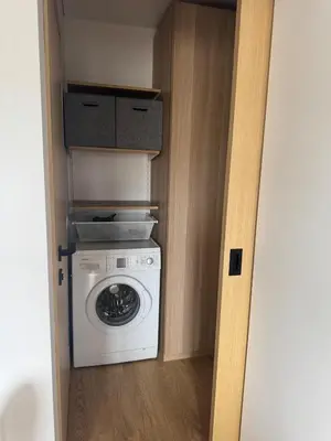 a washer and dryer in a small room at Studio Apartment with Balcony in Central Druskininkai in Druskininkai