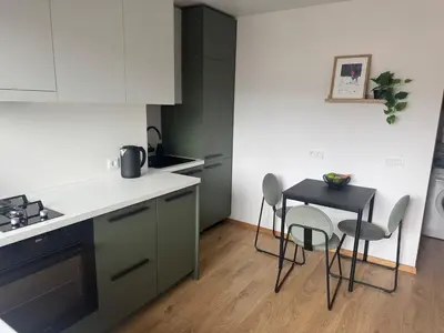 a small kitchen with a table and chairs in it at Studio Apartment with Balcony in Central Druskininkai in Druskininkai
