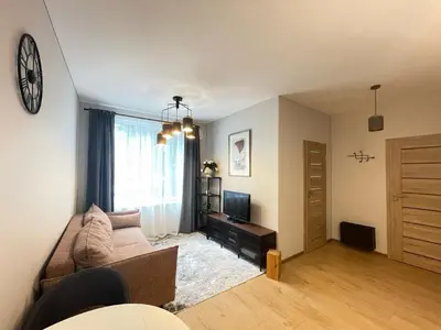 a living room with a couch and a television at Apartment 52 in Kaunas