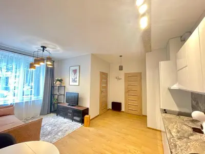 a living room with a couch and a television at Apartment 52 in Kaunas