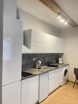 a kitchen with white cabinets and a washing machine at Apartment 52 in Kaunas