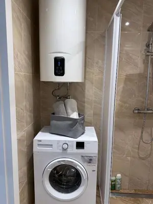 a washer and dryer in a small bathroom at EVA apartment in Marijampolė