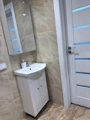 a bathroom with a white sink and a mirror at EVA apartment in Marijampolė