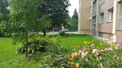 a garden in front of a building with flowers at Art apartment in Druskininkai