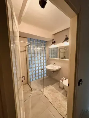 a bathroom with a shower and a sink at Kaunas Design Loft in Kaunas