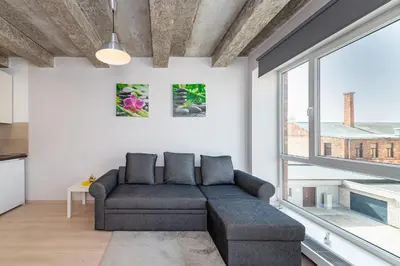 a living room with a couch and a large window at Apartment Accent by Polo Apartments in Kaunas