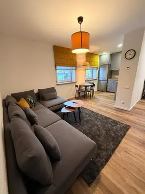 a living room with a couch and a table at Crown Apartment Park View in Ukmergė