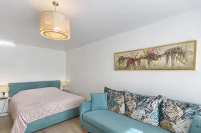 a living room with a couch and a bed at Aqua apartment in Druskininkai