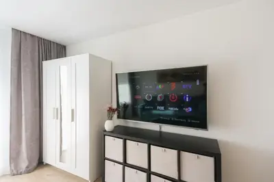 a living room with a flat screen tv on a wall at Aqua apartment in Druskininkai