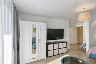 a living room with a tv and a mirror at Aqua apartment in Druskininkai