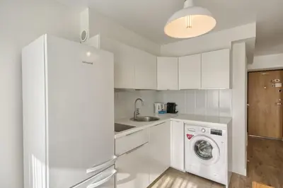 a kitchen with white cabinets and a washer and dryer at Aqua apartment in Druskininkai