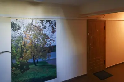 a painting on the wall of a room with a door at Aqua apartment in Druskininkai