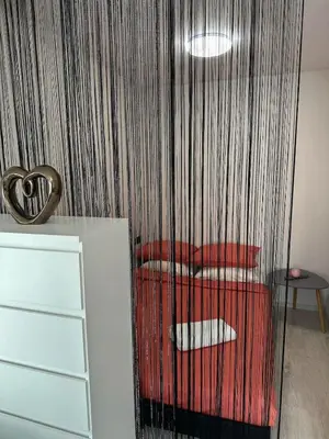 a room with a bed with red pillows and a curtain at Newly renovated cosy apartment near scenic river in Jonava
