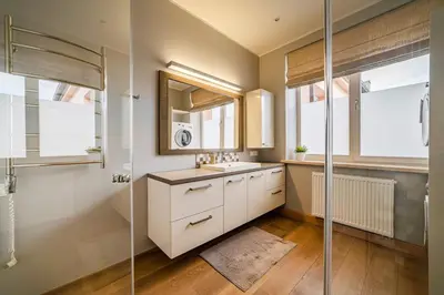 a bathroom with a sink and a shower at Marijonų Apartamentai in Panevėžys
