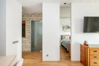 a bedroom with a bed and a tv on a wall at Studio in central Vilnius in Vilnius