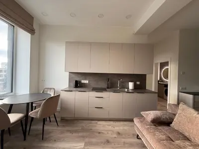 a kitchen and living room with a couch and a table at Cosy apartment near city centre in Kaunas