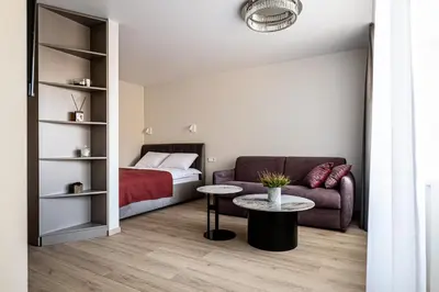a living room with a couch and a bed at Vytauto 12 - jaukūs apartamentai centre - Self Check-in in Marijampolė