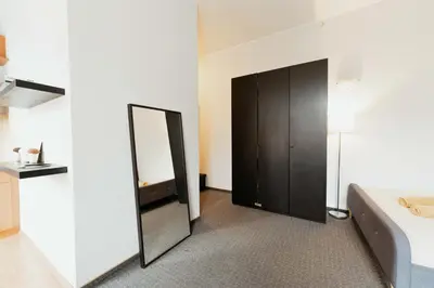 a bedroom with a mirror and a black cabinet at Gedimino Avenue Central Apartment in Vilnius