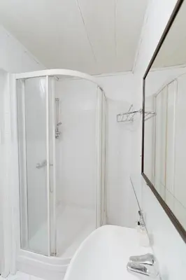a bathroom with a shower and a sink and a mirror at Gedimino Avenue Central Apartment in Vilnius