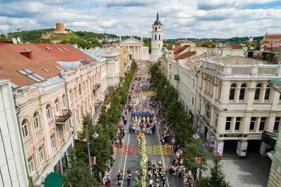 a crowd of people walking down a street in a city at Gedimino Avenue Central Apartment in Vilnius