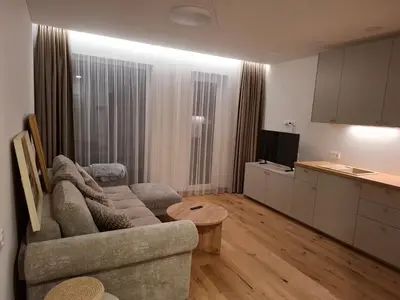 a living room with a couch and a table at Ievos apartamentai in Birštonas